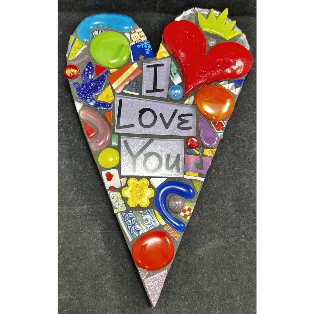 Mosaic wood heart 11” decor wall hanging handmade. *Pre-Owned* - Picture 1 of 10